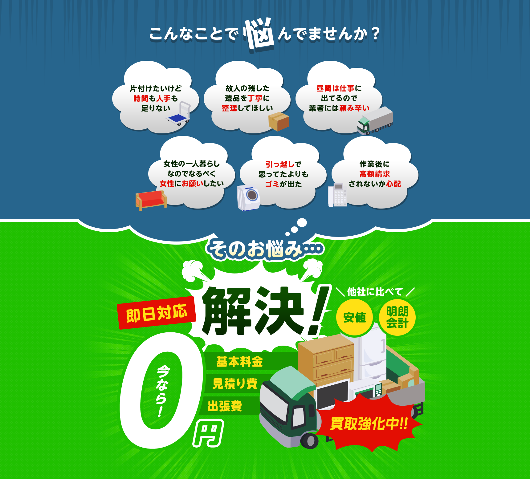 こんなことで悩んでませんか？片付けたいけど時間も人手も足りない 個人の残した遺品を丁寧に整理してほしい 昼間は仕事に出てるので業者には頼み辛い 女性の一人暮らしなのでなるべく女性にお願いしたい 引っ越しで思ってたよりもゴミが出た 作業後に高額請求されないか心配 そのお悩み…解決！他社に比べて安値・明朗会計 即日対応 今なら基本料金・見積もり費・出張費0円
